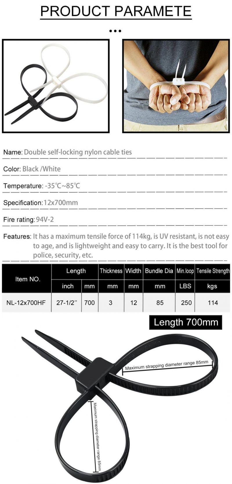 Manufacturer 12*700mm Plastic Handcuffs Wire Zip Tie