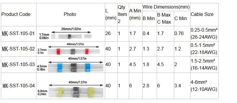 Sst-105-01/02/03/04practical Electrical Waterproof Seal Heat Shrink Butt Terminals Solder Sleeve Wire Connectors