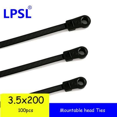 Mountable Head Black Cable Ties PA66 Standard Plastic Zip Tie 3.5*200mm Nylon Tie Wrap