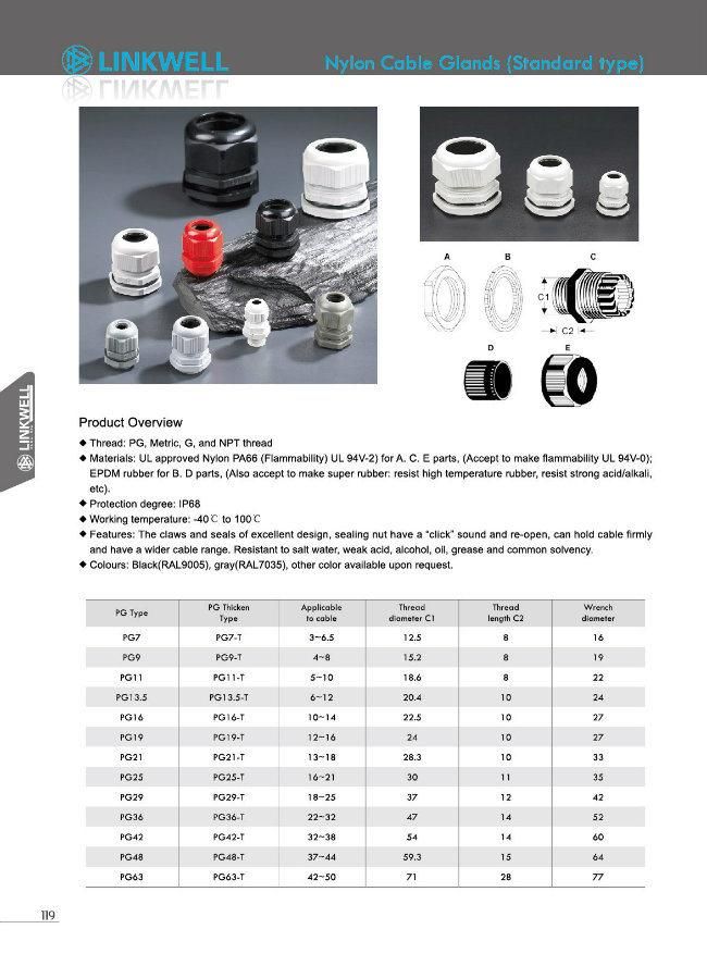 IP68 Protection Plastic Nylon PA66 Cable Glands (PG type)