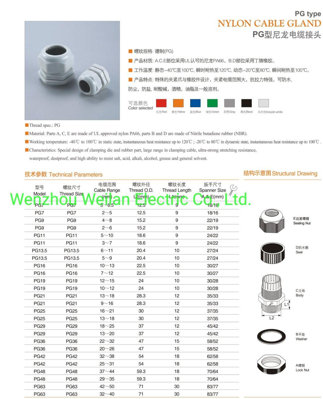 Pg6 Pg7 Pg9 Pg11 Pg13.5sizes Thread Plastic Cable Gland for Wire Sealing Standard Size Nylon