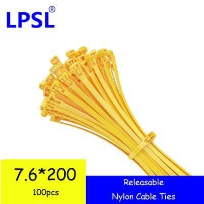 Colored Soft Releasable Self -Locking Type Plastic Cable Ties Nylon Zip Ties 7.6*200mm Yellow