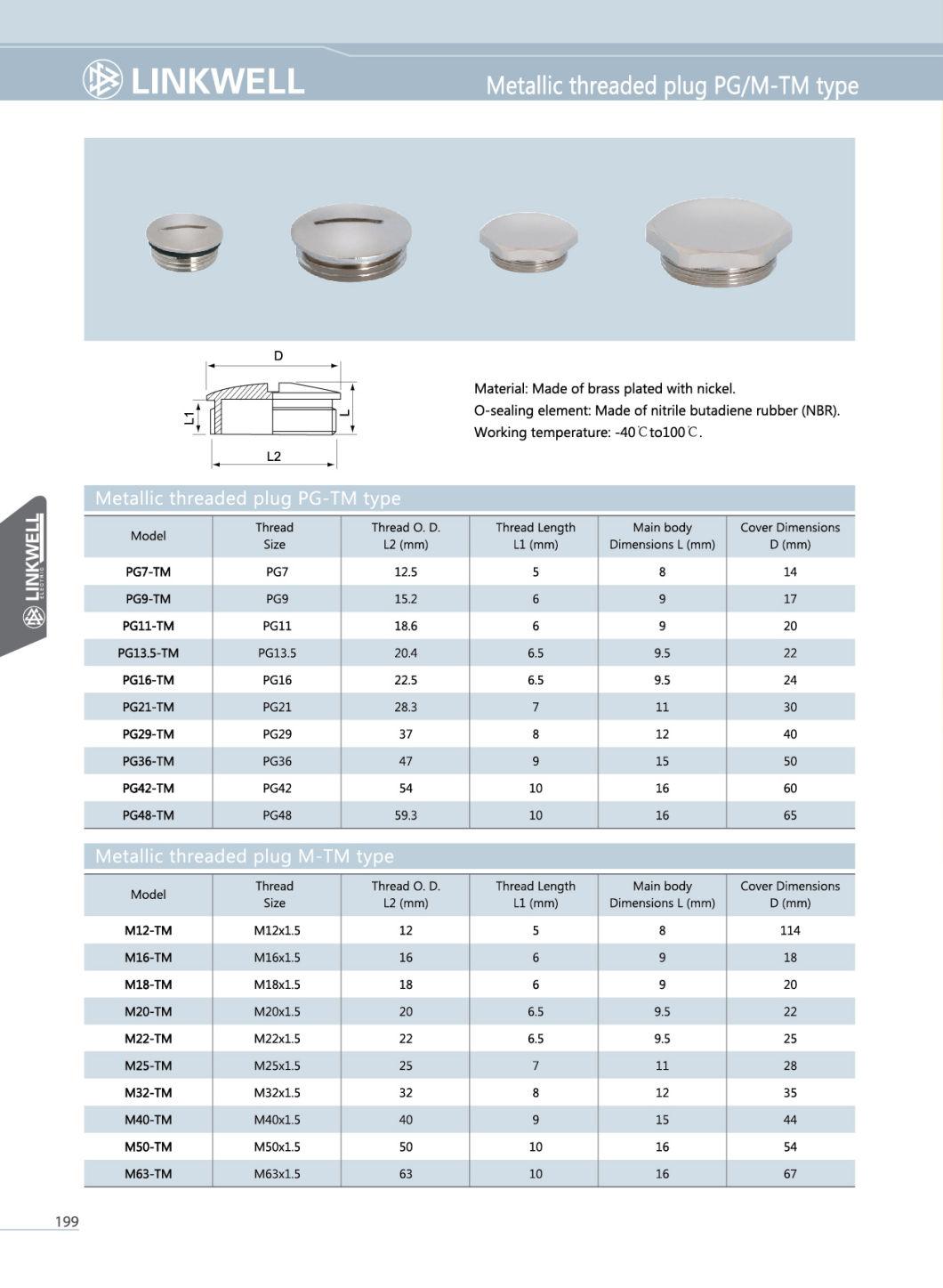 Metallic Threaded Plug Pg/M-TM Type, Made of Brass Plated with Nickel