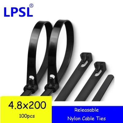 Multi-Purpose Releasable 4.8X200mm Nylon Resealable Reusable Nylon Cable Ties