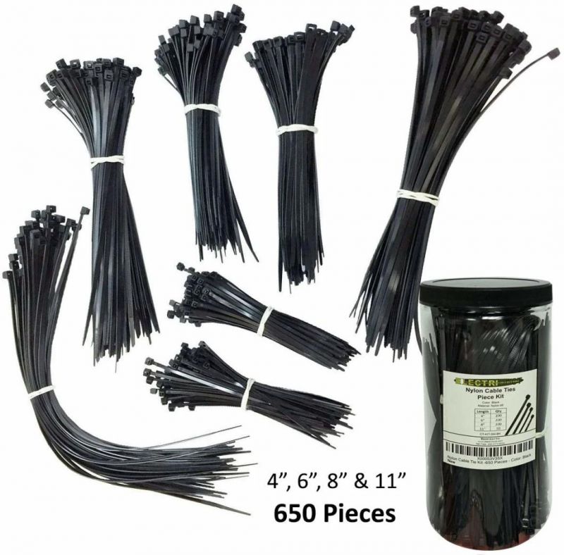 Electriduct Nylon Cable Tie Kit - 650 Zip Ties - Assorted Lengths 4", 6", 8", 11" - Black