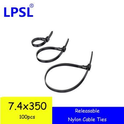 100 Pack of Black Releasable Cable Ties - 350mm X 7.4mm - 13.7 Inch Premium Releasable Cable Tie Wraps