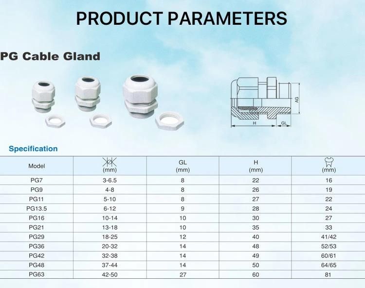 Andeli Pg Pg9 Pg11 Pg13.5 Pg16 Pg21 Pg29 Pg36 Pg42 Pg48 Pg63 Cable Gland Size