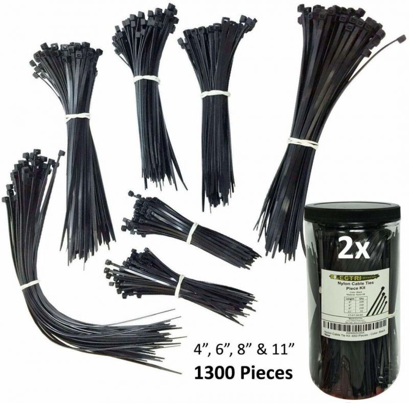 Electriduct Nylon Cable Tie Kit - 1300 Zip Ties - Assorted Lengths 4", 6", 8", 11" - Black