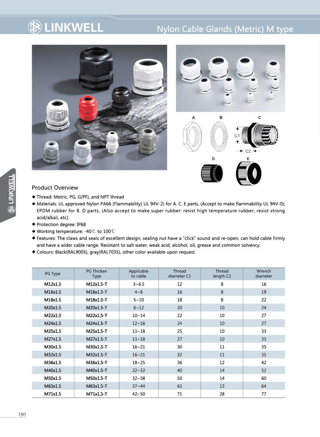 Nylon PA66 Plastic Cable Gland with IP68, Ce, RoHS (M type)
