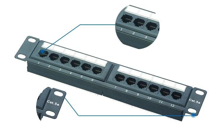 1u UTP Black 12 Port Cat5e Patch Panel