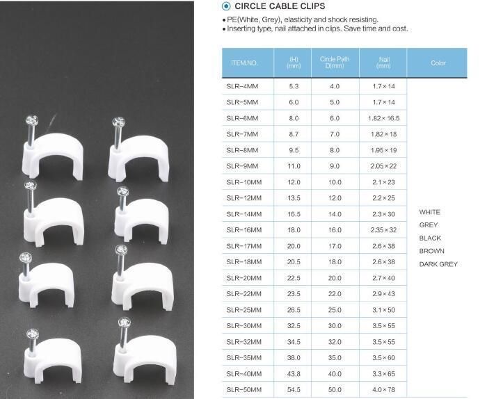 PE Plastic with 45# Steel Nail Complete Sizes Circle Flat Nail Cable Clips