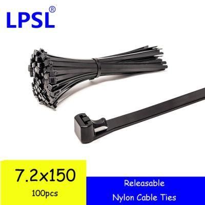 Heavy Duty Black Releasable Cable Ties, 150mm X 7.2mm, 6&quot; Premium Reusable Tie Wraps, Strong Nylon Zip Ties 100PCS