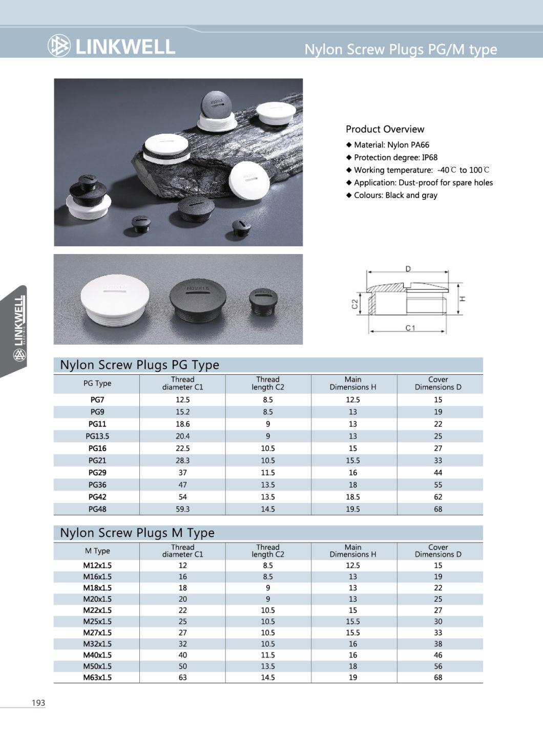 Nylon Screw Plugs Pg/M Type, Nylon PA66, IP68, Dust-Proof for Spare Holes Nylon Cable Glands