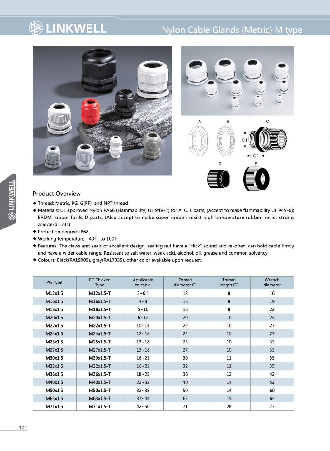 Nylon Cable Glands (metric) M Type, IP68 Production, UL Approved Nylin PA66