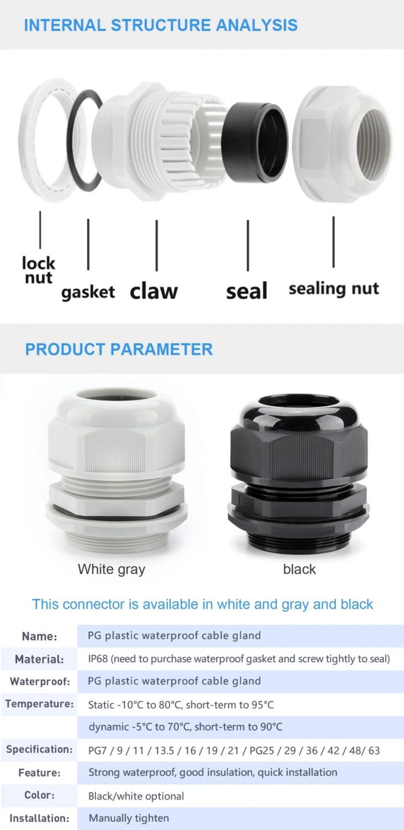 Good Quality Plastic PVC PA Nylon Cable Gland Pg7