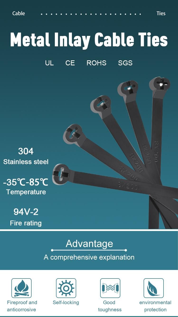 Supplier 5*300 Black Metal Inlay Nylon Cable Ties