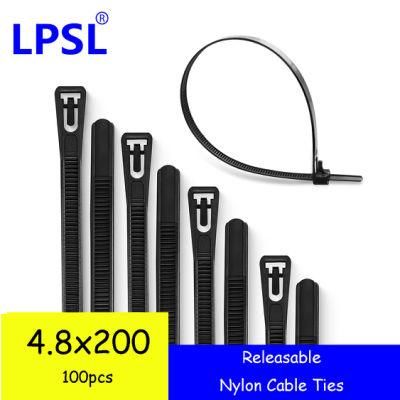 Lpsl 100 Piece Releasable Nylon Cable Ties, Heavy Duty Reusable Tie Wraps, Strong Nylon Zip Ties (200mm X 4.8mm, Black)