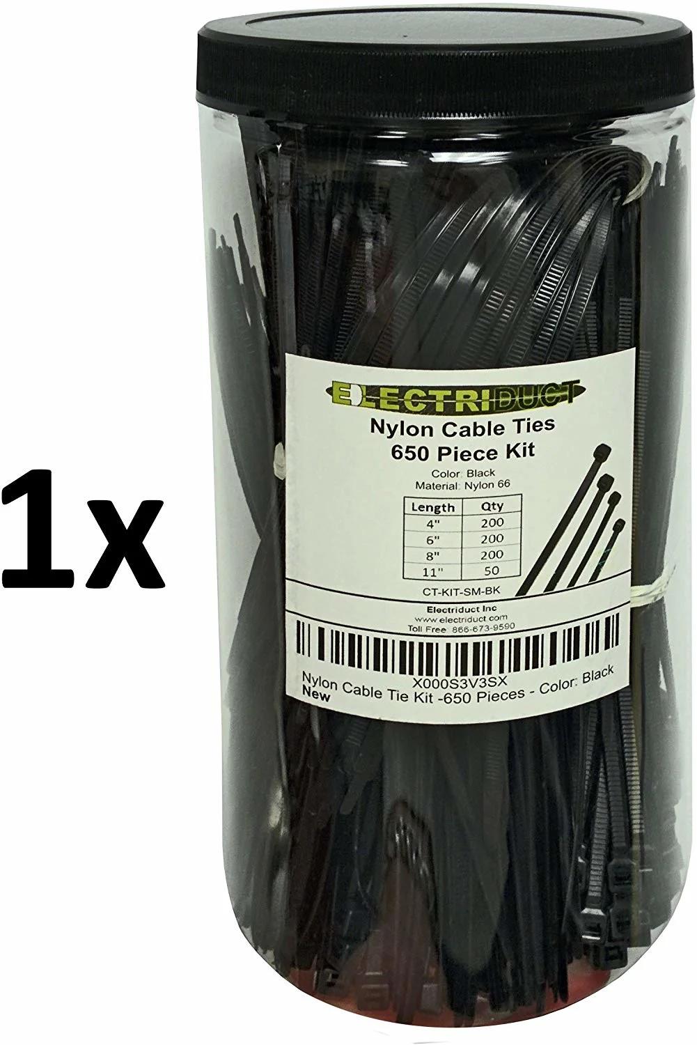 Electriduct Nylon Cable Tie Kit - 650 Zip Ties - Assorted Lengths 4", 6", 8", 11" - Black