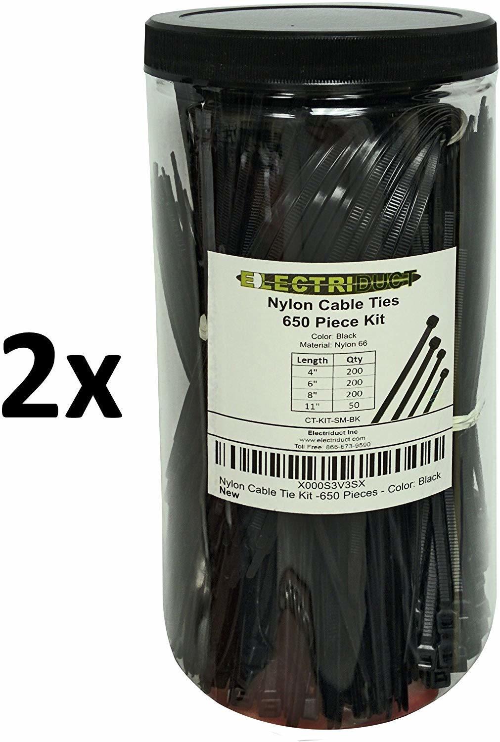 Electriduct Nylon Cable Tie Kit - 1300 Zip Ties - Assorted Lengths 4", 6", 8", 11" - Black