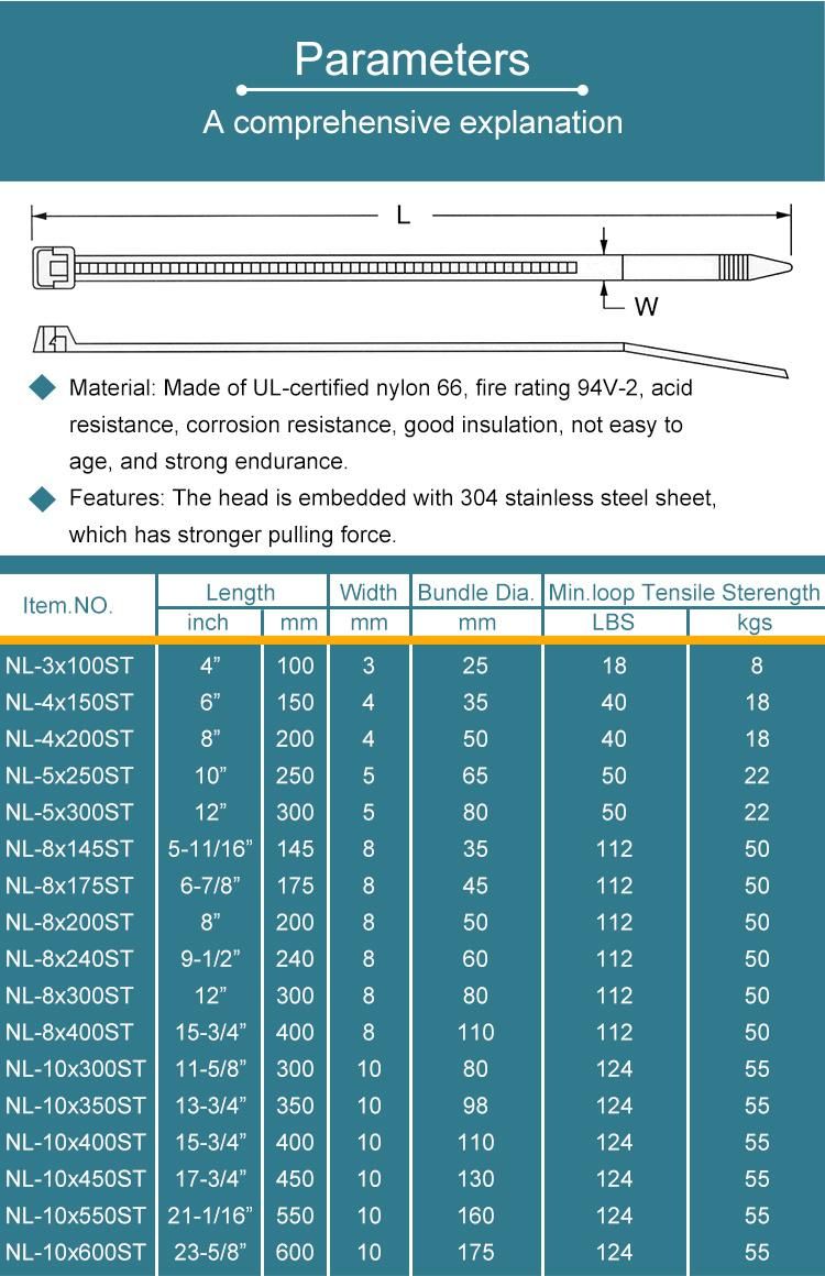 Nylon 66 Strap Metal Inlay Cable Ties