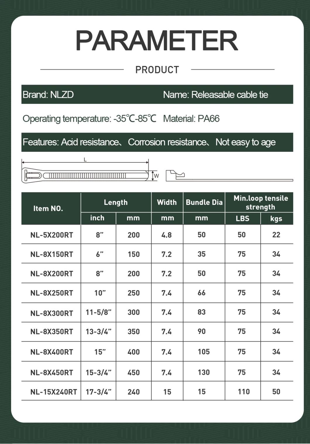 UV Protection Black Nylon 66 Fire Resistance Releasable Plastic Cable Tie