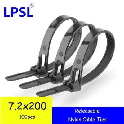 Lpsl 100 Pack of Heavy Duty Black Releasable Cable Ties, 200mm X 7.2mm, 8&quot; Premium Reusable Tie Wraps, Strong Nylon Zip Ties